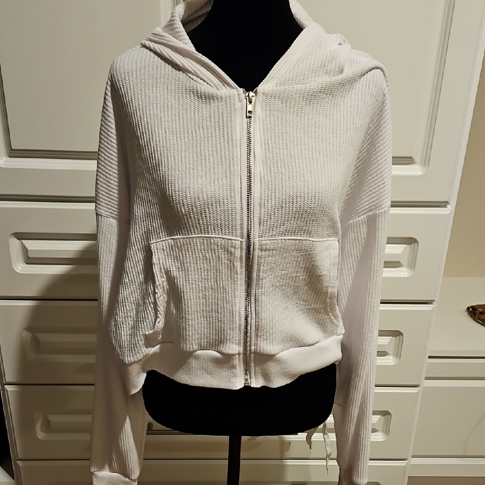 White Ribbed Zip-Up Hoodie